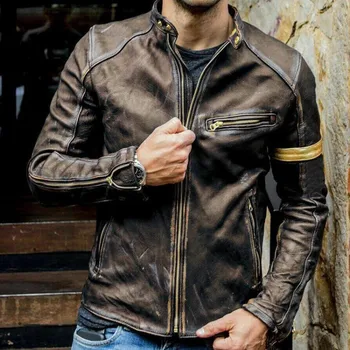 2023 Весенняя мотоциклетная кожаная куртка, мужские уличные модные куртки-бомберы, повседневное пальто со стоячим воротником, мужская байкерская верхняя одежда в стиле ретро из искусственной кожи 5Xl  5