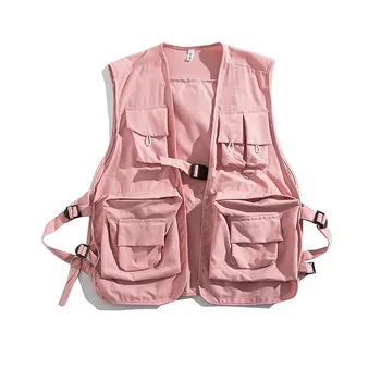 Черный, розовый, Тактический жилет-карго для мужчин, женщин, Harajuku, Уличный хип-хоп, жилет с множеством карманов, куртка без рукавов  5