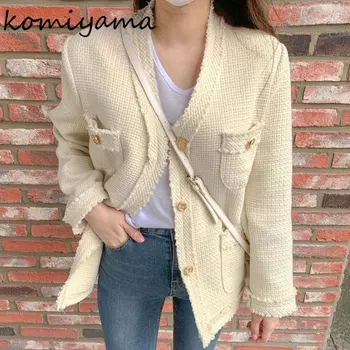 Шикарные твидовые куртки Komiyama, простые модные универсальные куртки, женские осенние пальто с V-образным вырезом и небольшим ароматом.  5