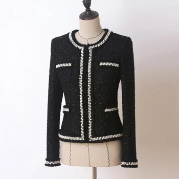 Черный твидовый пиджак с тяжелым украшением из бисера, весенне-осеннее женское пальто, тонкая женская куртка  5