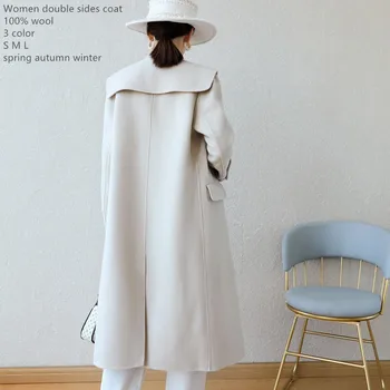 Naizaiga, 100% шерсть, Трапециевидное однотонное длинное пальто с двойными бортами, женское свободное пальто с темно-синим воротником и длинным рукавом KSDR57  5