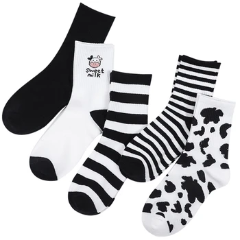 5 Пар носков с милым мультяшным рисунком, женские Черные Белые носки с забавным рисунком коровы, Мягкие дышащие повседневные спортивные хлопковые носки высотой по щиколотку  5