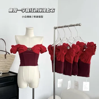Новая летняя футболка с открытыми плечами в виде рыбьей кости красного цвета в винтажном стиле, короткий сексуальный топ с талией  10