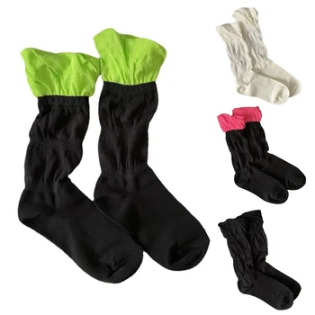 Женские носки из тонкой сетки в стиле Харадзюку с неоновыми цветными блоками и рюшами, Лоскутные эластичные чулочно-носочные изделия с пузырями в средней части трубки  5