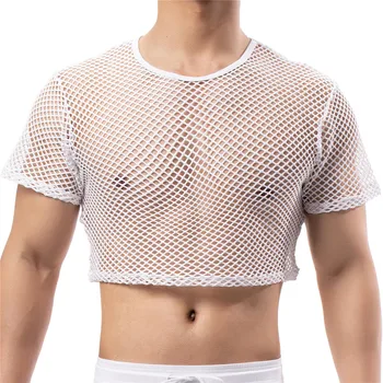 Сексуальные мужские майки, кроп-топы из прозрачной сетки, футболки с вырезами в сеточку, жилеты для занятий спортом, короткие футболки для ночных клубов, прозрачные топы  10