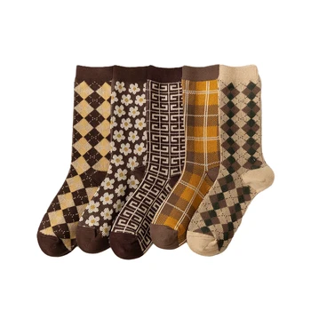 1 пара женских носков, весна-осень, хлопчатобумажные носки в стиле ретро, женские мужские носки в полоску, клетчатый цветочный узор, Носки кофейного цвета  4