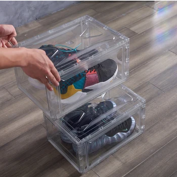 Модная обувная коробка с магнитным всасыванием, высокая светопроницаемость, Прозрачная баскетбольная обувная коробка, складной ящик для хранения кроссовок, стойка для обуви  10
